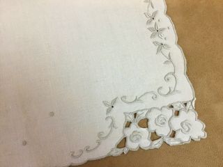 Vintage Rectangle Doily,  Linen,  Beige,  Floral Embroidery With Cut Work 5