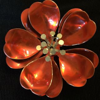Vtg Big Funky Glossy Enamel Red Layered Flower Brooch Pin Figural Gold Tone 2”