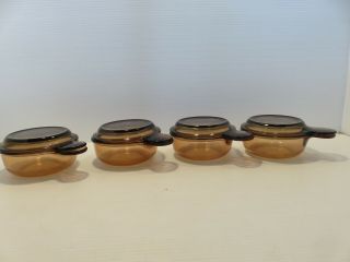 4 Vtg Corning Ware Amber Vision Grab - It Bowls W/pyrex Glass Lids V - 150 - B