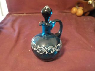 Vintage Glass Cruet No Brand Blue With White Painted Design