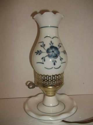 Vintage Milk Glass Boudoir Hurricane Early American Table Lamp Blue Flower Lines