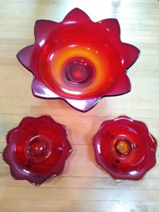 Vintage 1932 Fenton Art Glass Flower Form Bowl 2 Candleholders Amberina Red Ruby
