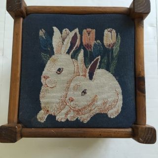 Vintage Childs Wooden Stool Bench Seat Cloth Bunny Seat Design 12x12x12