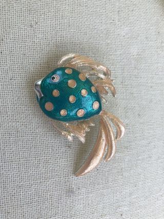 Vintage Signed Mj Enamel Fish Necklace Pendant Or Brooch