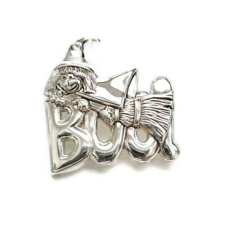 Vintage Best Witch Boo Silver Tone Brooch Pin Or Pendant Halloween Signed