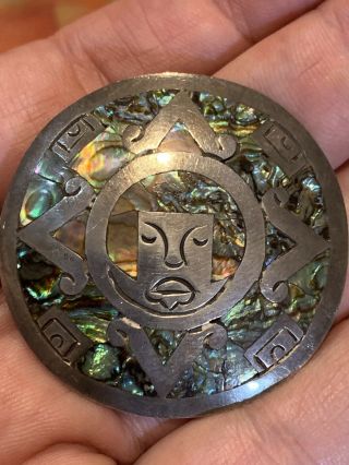 Vintage Silver 925 Hecho En Mexico Abalone Inlaid Sun Face Pendant Brooch Pin
