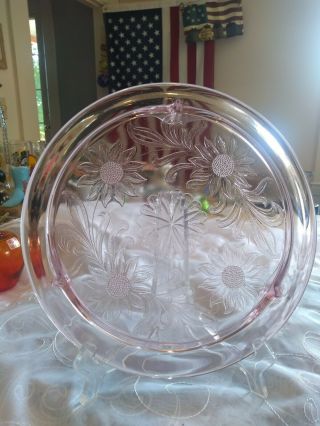 Vintage Pink Depression Glass Jeannette Sunflower Pattern 3 Footed Cake Plate