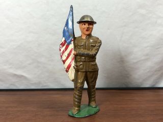 Vintage Wwi Manoil Army Color Guard Flag Bearer Die - Cast Metal Old Toy Soldier