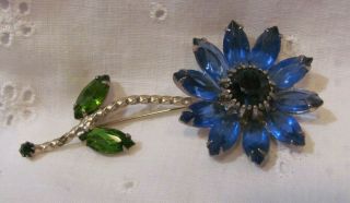 Lovely Vintage Rhinestone Flower Brooch Gold Tone W Blue And Green Stones