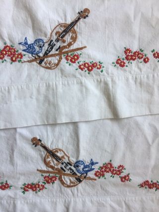 Vintage Retro Pair Cotton Embroidered Birds Violin Flower Floral Pillow Cases