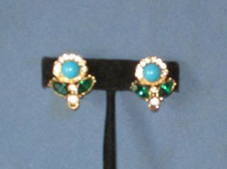 Vintage Signed Sarah Coventry Green Clear Rhinestone Blue Cabochon Clip Earrings