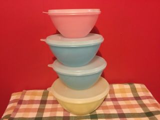 Set Of 4 Vintage Tupperware Pastel Wonderlier Nesting Bowls Sheer Lids