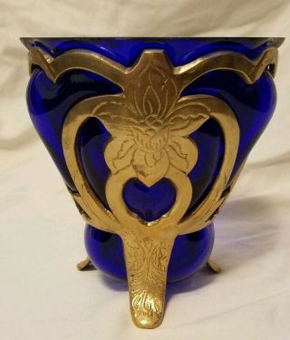 Vintage Cobalt Blue Vase Blown Into A Brass Holder