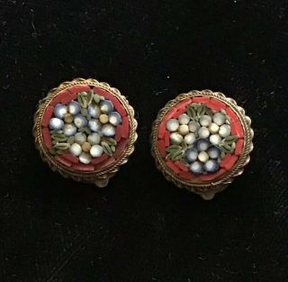 Vintage Italian Micro Mosaic Red Round Flowers Clip On Earrings