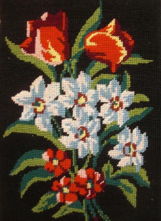 Vintage Completed Cotton Needlepoint Tapestry Flowers On Black 12 " X8.  2 "