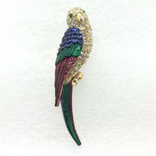 Vintage Parrot Bird Brooch Pin Blue Green Red Enamel Rhinestone Costume Jewelry