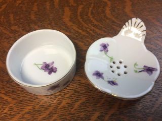 Vintage Porcelain Norcrest Sweet Violets 2 Pc Tea Bag Strainer Holder Made Japan