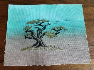 Vintage Completed Finished Cross Stitch Ming Tree Hand Colored Fabric