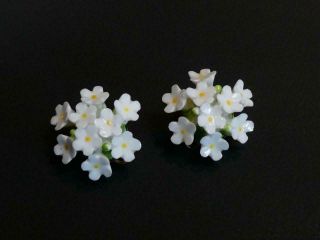 Vintage Fine Bone China White/green Floral Cluster Stud Earrings - Clip - Ons