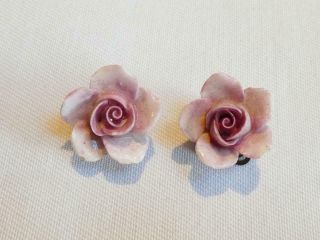 Vintage Pretty Fine Bone China Pale Pink Rose Stud Earrings - Clip - Ons
