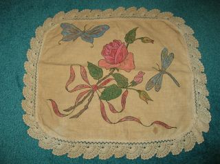 Vintage Hand Painted Embroidered Scarf With Crocheted Edging 20 " X 22 " 311