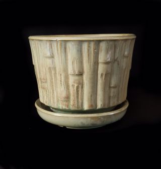 Vintage Mccoy Art Pottery Exotic Green Planter Flower Pot Attatched Saucer