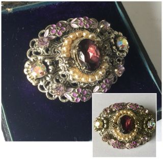 Vintage Art Deco Jewellery Czech Filigree Amethyst Pearl Brooch Dress Pin