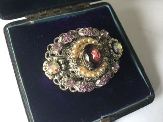 Vintage Art Deco Jewellery Czech Filigree Amethyst Pearl Brooch Dress Pin 3