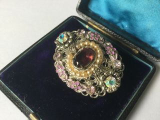Vintage Art Deco Jewellery Czech Filigree Amethyst Pearl Brooch Dress Pin 4