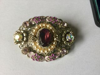 Vintage Art Deco Jewellery Czech Filigree Amethyst Pearl Brooch Dress Pin 5