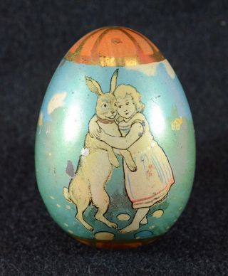 Rare Vintage Tin Litho Easter Egg Candy Container Girl Hugging Rabbit With Chick