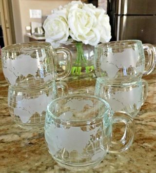 5 VTG 1970 ' s NESTLE Nescafe World Globe Frosted Coffee Glass Mugs Cups Hot Cocoa 2