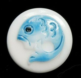 Antique Vtg Button White Glass W Painted Blue Fish A19