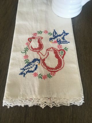 Vintage Embroidered Cotton Kitchen Towel Crocheted Lace Teapot Hummingbird