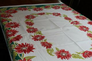 Vintage Cotton Kitchen Tablecloth 52x62 Flowers In Red W Green Border