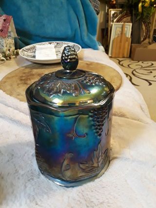 Vintage Carnival Glass Octagon Candy Dish Jar Container Grape Deco With Lid