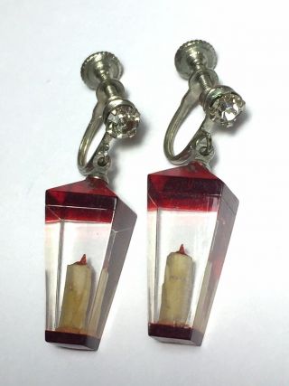 Vintage Lucite Candle Lantern & Rhinestone Hanging Screw Back Retro Red Earrings