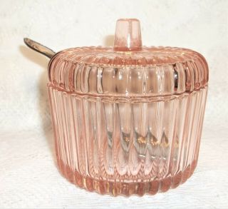 Vintage Pink Glass Covered Jam Jar & Spoon 3 3/4x4 "