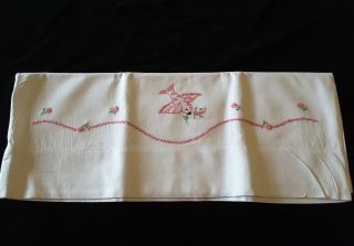 Vintage Embroidered Pink Bird And Flowers Pillowcase