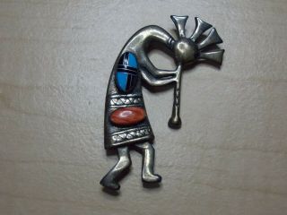 Vintage Native American Indian Turquoise Onyx And Coral Sterling Silver Pin