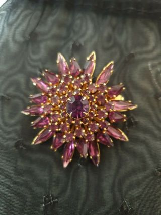 Vintage Brooch Gold Metal Encrusted Purple Crystals 3d Star Flower Pin