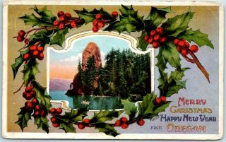 Vintage 1912 Oregon Christmas / Year Holiday Postcard W/ Rooster Rock View