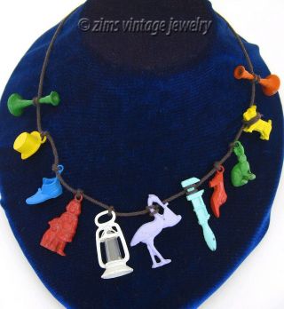 Vintage Old Cracker Jack Toy Colorful Enamel Metal Charm Necklace Hat Shoe Dog