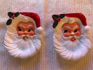 Pair Vtg Christmas Santa Claus Face Ceramic Candy/soap Dish Wall Hanging Japan