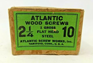 Vintage Atlantic Wood Screws 2 1/4 " 10 1 Gross Flat Head Steel W/ Box 44 Count
