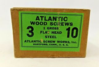 Vintage Atlantic Wood Screws 3 " By 10 1 Gross Flat Head Steel W/ Box 82 Count