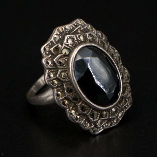 Vtg Sterling Silver - Art Deco Hematite & Marcasite Ring Size 5.  75 - 6g