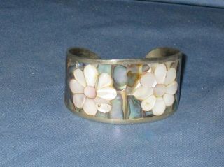 Vintage Alpaca Inlaid Mother Of Pearl & Abalone Shell Cuff Bangle Bracelet