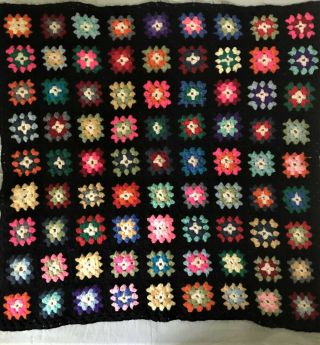 Vintage Handmade Crochet Granny Square Lap Blanket Afghan,  34 " X 34 ",  Black