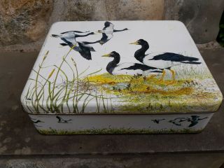 Vintage Large Hinged Biscuit Tin Canadian Geese Graphics Farm House Decor
